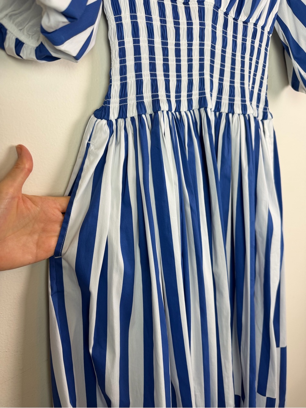 AYR The Extra Extra Puff Sleeve Midi Dress in Marais Blue Regatta Stripe XS - Picture 11 of 16
